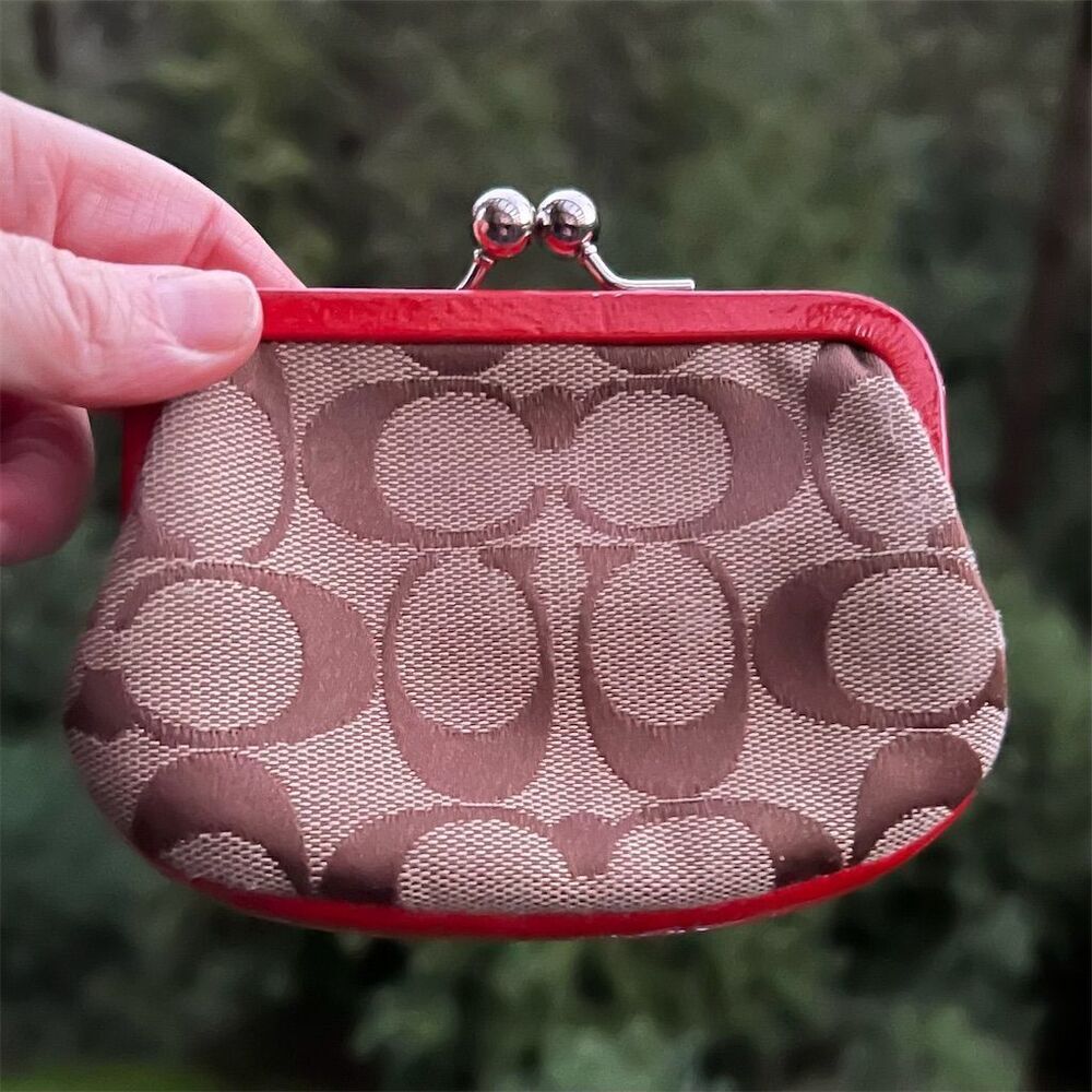 VINTAGE COACH Kisslock Coin Pouch Wallet Tan Jacquard w Red Leather w Silver - Picture 2 of 5